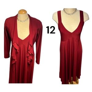 SYMPLI 🇨🇦 Dress & Cardigan Size 12 Brick Red Low Cut Asymmetrical Hem